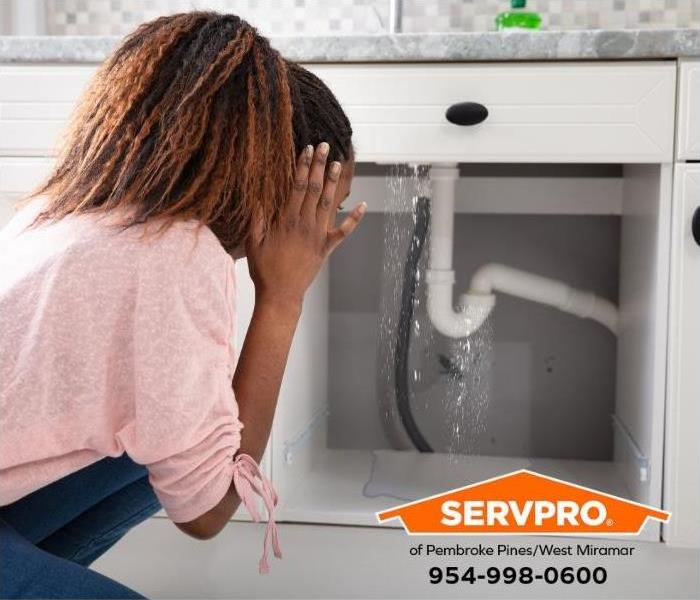 A person is dismayed to discover water pouring out of a broken pipe underneath her sink.