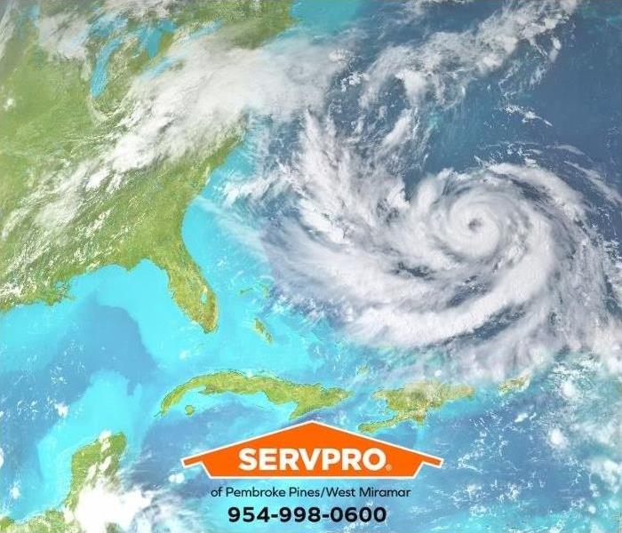 A satellite view of a hurricane in the Atlantic Ocean off the Florida coast.