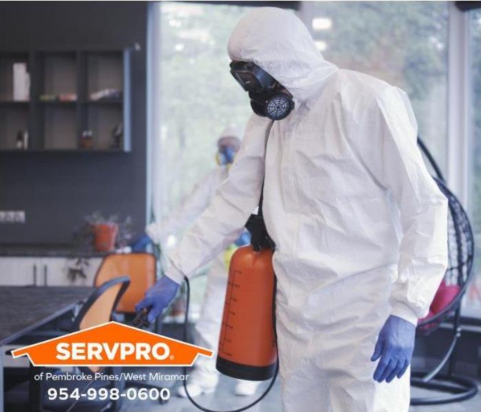 A technician in a hazmat suit sprays a solution in a mold-infested room.